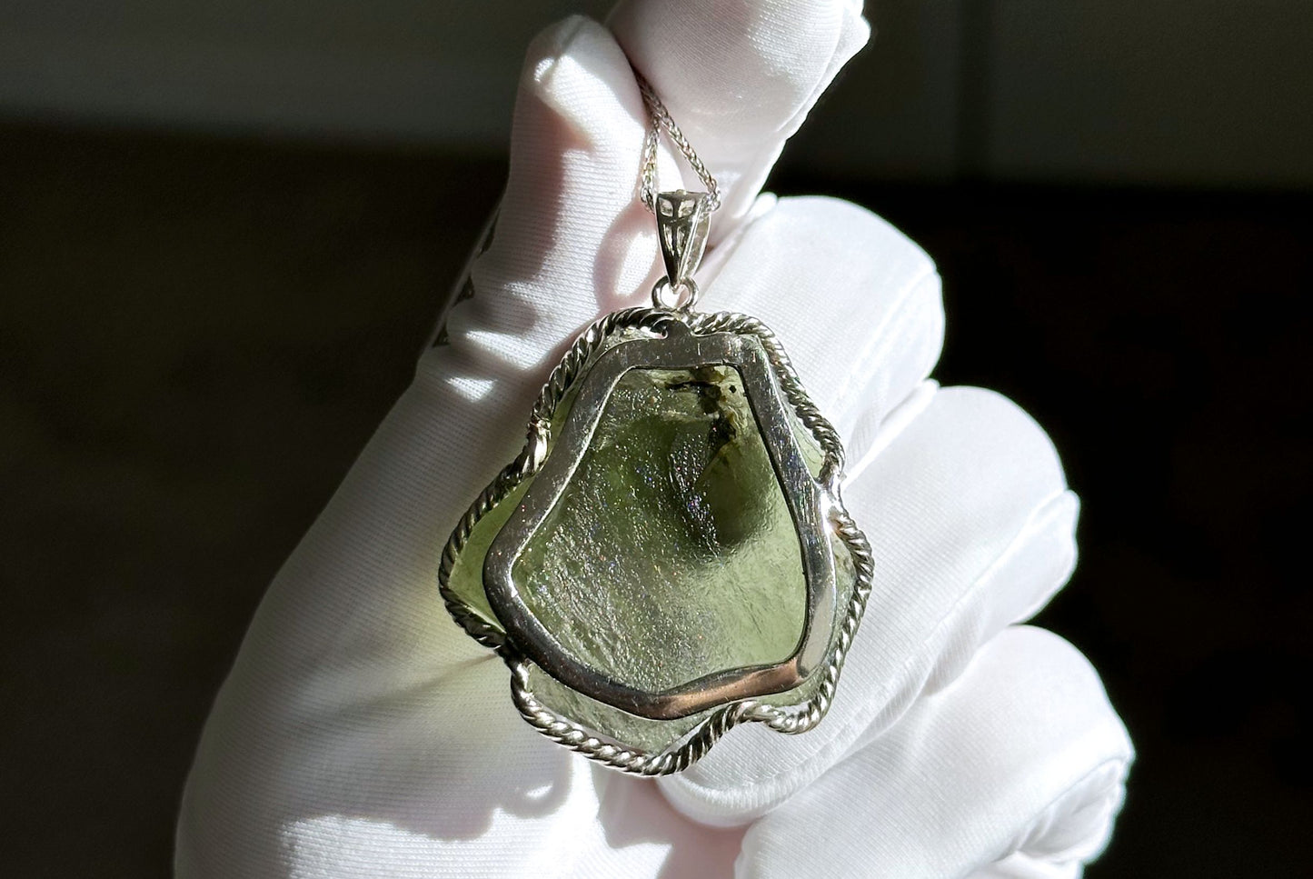 12.27Grams, Authentic Raw Moldavite tektite Silver Warpped Pendant, Real Raw Moldavite Pendant, 天然稀有捷克陨石原石手工包纯银吊坠