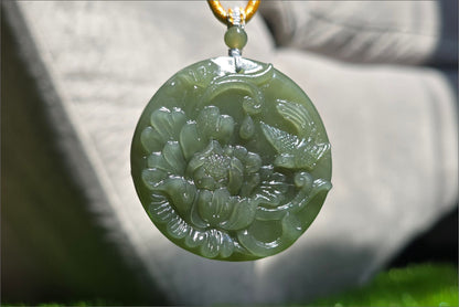Certified Natural Lake Green Nephrite Jade Hand Carved Magpie and Peony Pendant, 天然湖水绿和田玉手工雕双面工牡丹喜鹊圆牌吊坠