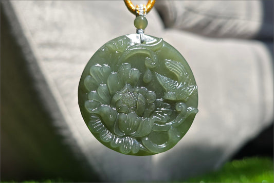 Certified Natural Lake Green Nephrite Jade Hand Carved Magpie and Peony Pendant, 天然湖水绿和田玉手工雕双面工牡丹喜鹊圆牌吊坠