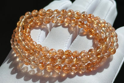5.5mm+, Certified Collection Grade Natural Orange Golden Sunstone multi Wraps bracelet, Top Grade Sunstone bracelet, 天然收藏级白水体+爆闪大闪片金太阳石多圈