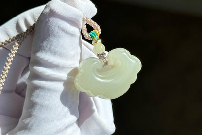 Certified Natural Qingshui Nephrite Jade Carved Lotus Peace Lock Pendant, Jade Lock Pendant, 天然和田玉冰晴水平安锁吊坠