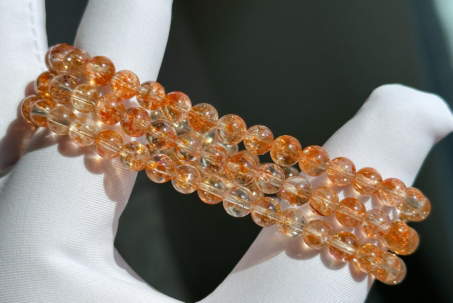 5.5mm+, Certified Collection Grade Natural Orange Golden Sunstone multi Wraps bracelet, Top Grade Sunstone bracelet, 天然收藏级白水体+爆闪大闪片金太阳石多圈