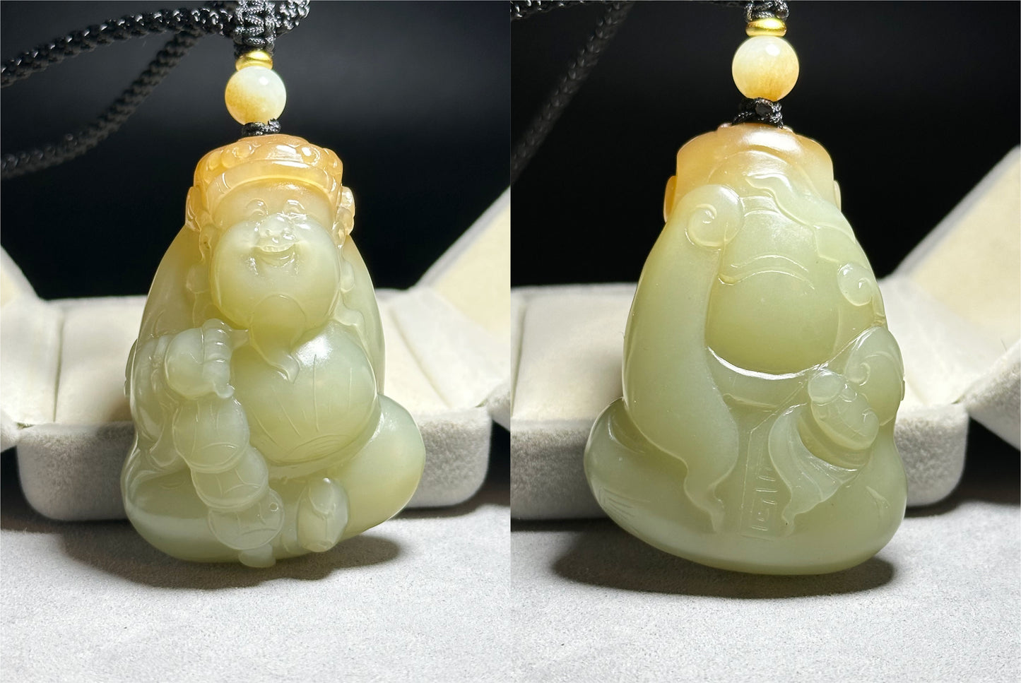 Certified Natural High-Quality Ruoqiang Yellow Nephrite Jade with Sugar Hand-Carved God of Wealth Big Pendant, 天然若羌黄口带糖手工雕刻财神吊坠