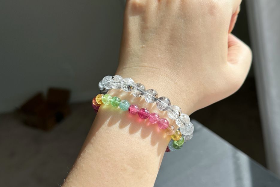 9.5mm, Natural Herkimer Diamond Round Beads Bracelet, Herkimer Diamond Bracelet, 天然闪灵钻圆珠手串