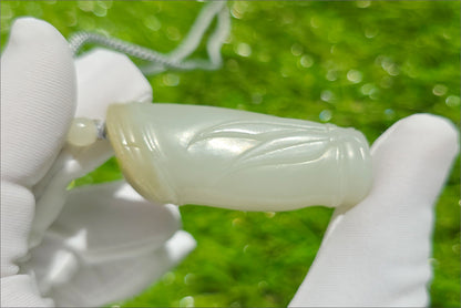 Certified Natural Qiemo Warm White Nephrite Jade Hand-Carved Bamboo Shoot Pendant, 天然且末白和田玉手工雕刻竹节吊坠
