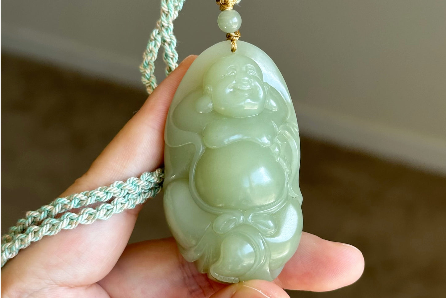 Big 73Grams, Certified Natural Untreated Warm White Nephrite Jade Hand-Carved Maitreya Buddha Pendant, 天然且末和田玉手工雕刻弥勒佛