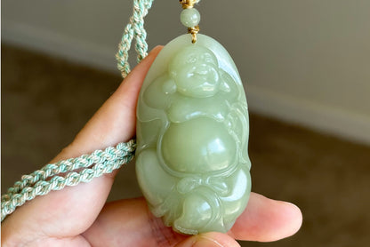 Big 73Grams, Certified Natural Untreated Warm White Nephrite Jade Hand-Carved Maitreya Buddha Pendant, 天然且末和田玉手工雕刻弥勒佛