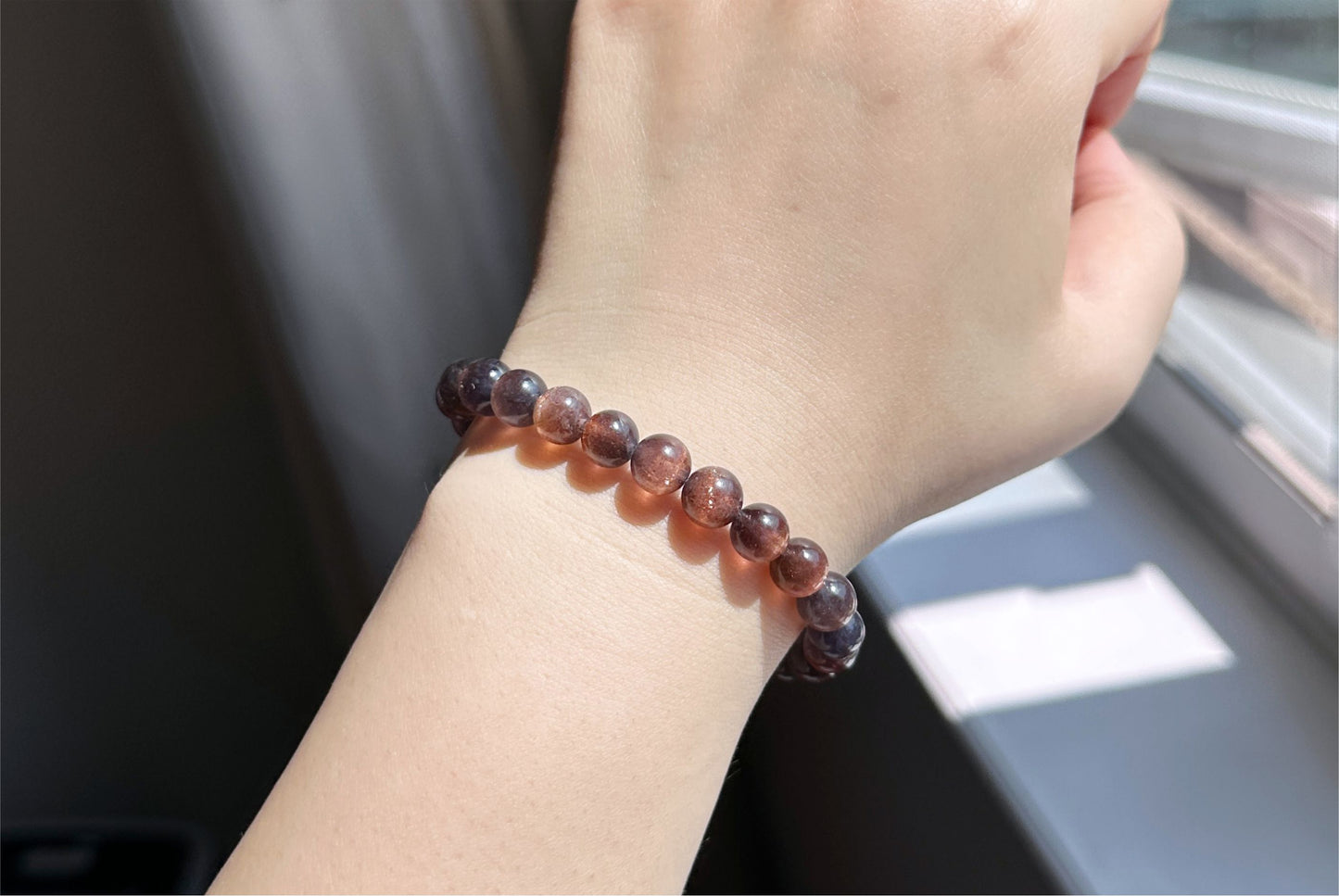 8mm+, Certified Natual Sunstone In Iolite Bracelet, "BLOODSHOT" IOLITE, Natural Cordierite Bracelet,  天然收藏级滴血堇青石金草莓堇青石手串