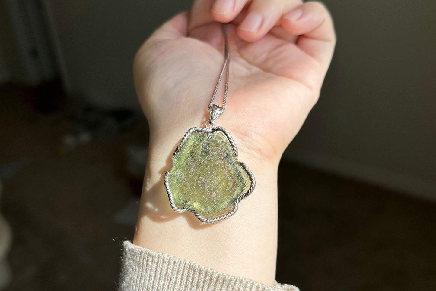 12.27Grams, Authentic Raw Moldavite tektite Silver Warpped Pendant, Real Raw Moldavite Pendant, 天然稀有捷克陨石原石手工包纯银吊坠