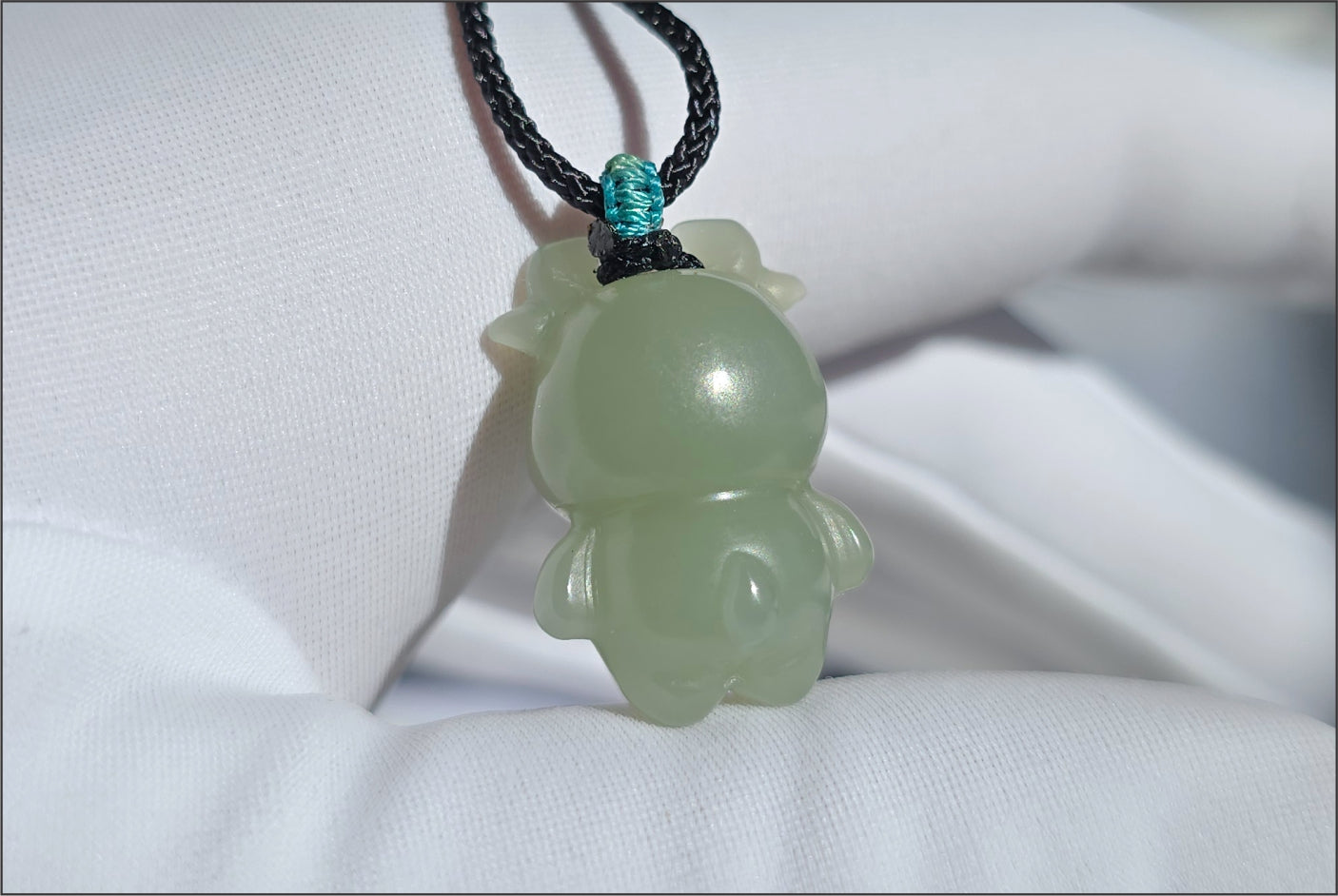 Certified Natural Lake-Green Nephrite Jade Ox Pendant | Small Carved Jade Pendant | 天然湖水绿软玉小牛吊坠
