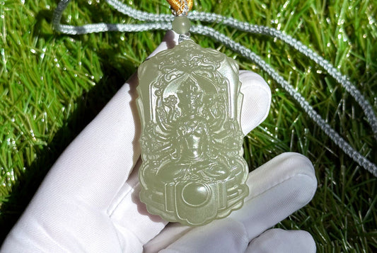 Certified Natural Green Qingshui nephrite jade Carved Thousand-Armed Avalokiteshvara Pendant, Nephrite Jade Guanyin, 天然绿晴水和田玉雕刻千手观音正装牌子吊坠