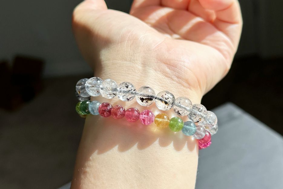 9.5mm, Natural Herkimer Diamond Round Beads Bracelet, Herkimer Diamond Bracelet, 天然闪灵钻圆珠手串