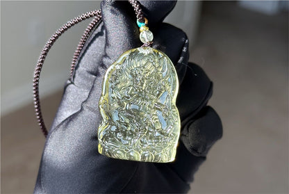 22.946 grams, Natural Top Grade High Clarity Authentic Libyan Desert Glass Tektite Carved Mahakala Pendant, 天然透体利比亚陨石雕刻大黑天吊坠