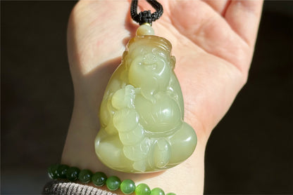 Certified Natural High-Quality Ruoqiang Yellow Nephrite Jade with Sugar Hand-Carved God of Wealth Big Pendant, 天然若羌黄口带糖手工雕刻财神吊坠