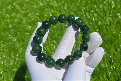 12mm, Certified Natural Rich Spinach Green Nephrite Jade Bead Bracelet, 天然俄老油菠菜绿碧玉手串