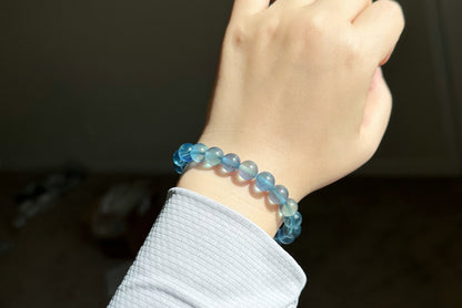 9mm+, Certified Natural Blue Aquamarine Bracelets, High Clarity Deep Blue Aquamarine, 天然高冰透海蓝宝手串