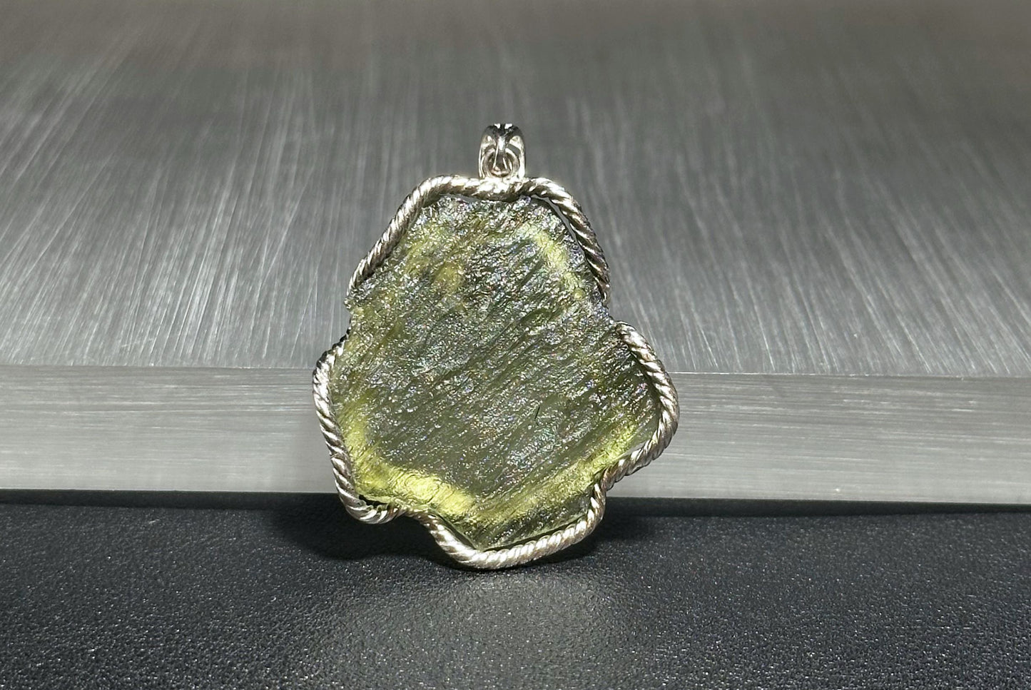 12.27Grams, Authentic Raw Moldavite tektite Silver Warpped Pendant, Real Raw Moldavite Pendant, 天然稀有捷克陨石原石手工包纯银吊坠