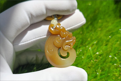 Certified Natural Qiemo Sugar and Warm White Nephrite Jade Hand Carved Antique Dragon Pendant, 天然且末糖白和田玉手工雕刻仿古龙精品吊坠