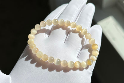 6.5mm+, Certified Top Grade Natural Cream White Rabbit Hair Quartz Bracelet, Cat Eye Rabbit Hair Rutile Quartz Bracelet, 天然收藏级猫眼灰白兔毛手串