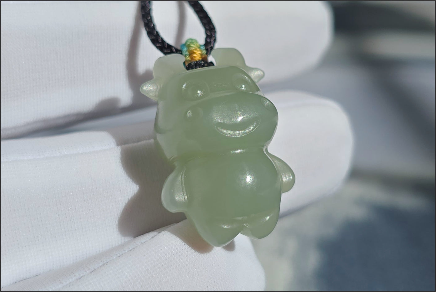 Certified Natural Lake-Green Nephrite Jade Ox Pendant | Small Carved Jade Pendant | 天然湖水绿软玉小牛吊坠