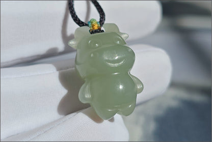 Certified Natural Lake-Green Nephrite Jade Ox Pendant | Small Carved Jade Pendant | 天然湖水绿软玉小牛吊坠