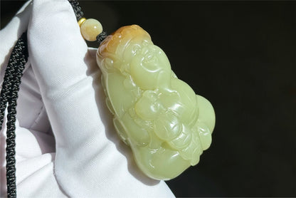 Certified Natural High-Quality Ruoqiang Yellow Nephrite Jade with Sugar Hand-Carved God of Wealth Big Pendant, 天然若羌黄口带糖手工雕刻财神吊坠