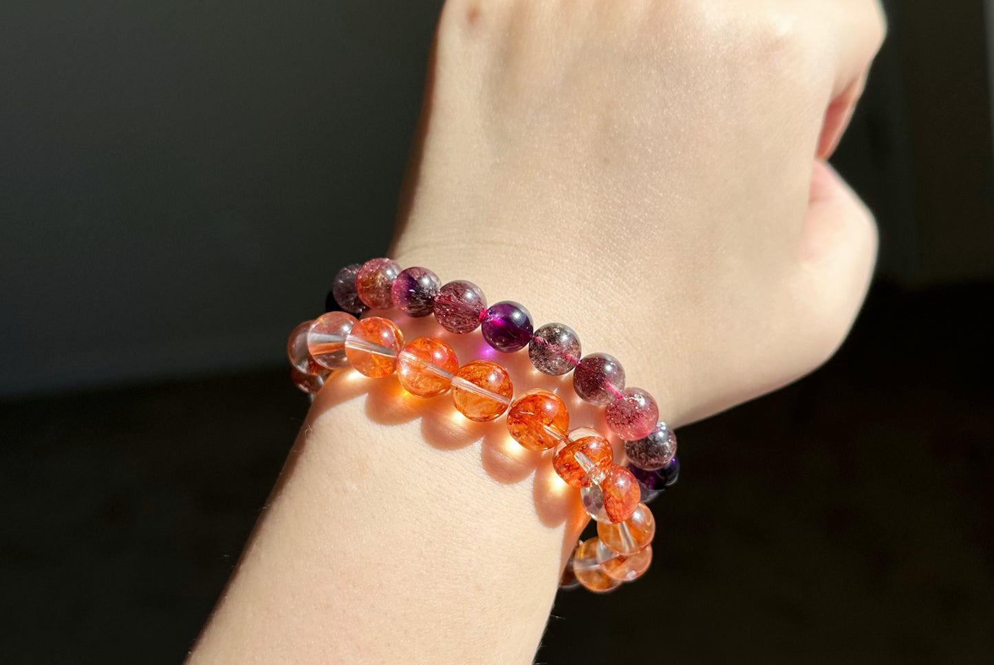 10.3mm+, Certified Natural Top Grade Fanta Hematoid Quartz Bead Bracelet, Fire Quartz bracelet, 天然顶级大闪片芬达橙胶花水晶手串