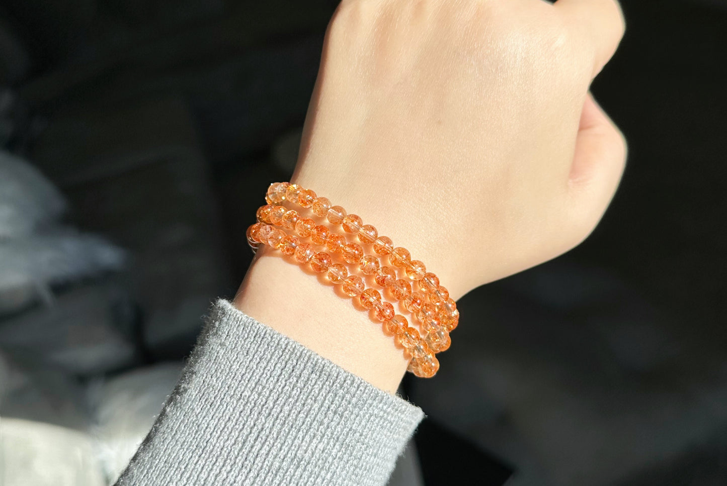 5.5mm+, Certified Collection Grade Natural Orange Golden Sunstone multi Wraps bracelet, Top Grade Sunstone bracelet, 天然收藏级白水体+爆闪大闪片金太阳石多圈