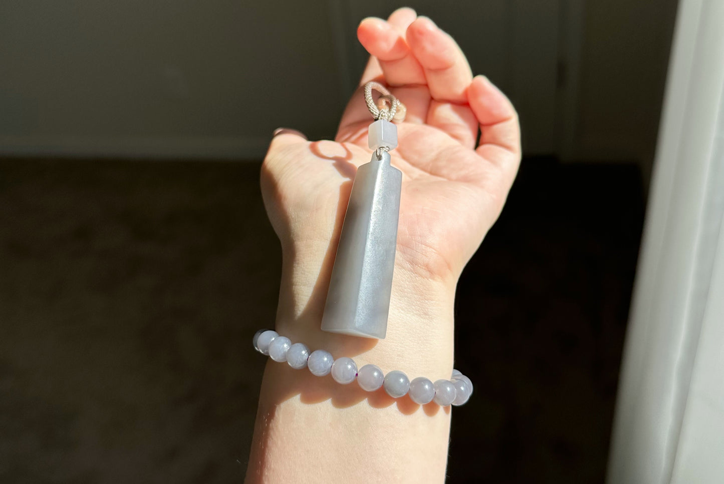 Certified Natural Smoky Gray Nephrite Jade Carved Triangle-Bar Pendant, 天然烟灰和田玉吊坠