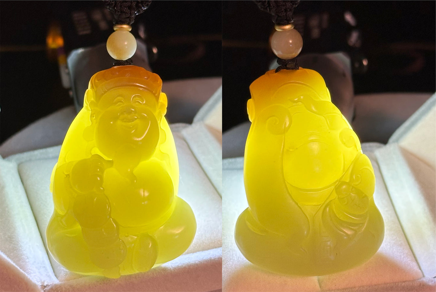 Certified Natural High-Quality Ruoqiang Yellow Nephrite Jade with Sugar Hand-Carved God of Wealth Big Pendant, 天然若羌黄口带糖手工雕刻财神吊坠