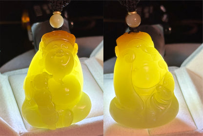 Certified Natural High-Quality Ruoqiang Yellow Nephrite Jade with Sugar Hand-Carved God of Wealth Big Pendant, 天然若羌黄口带糖手工雕刻财神吊坠