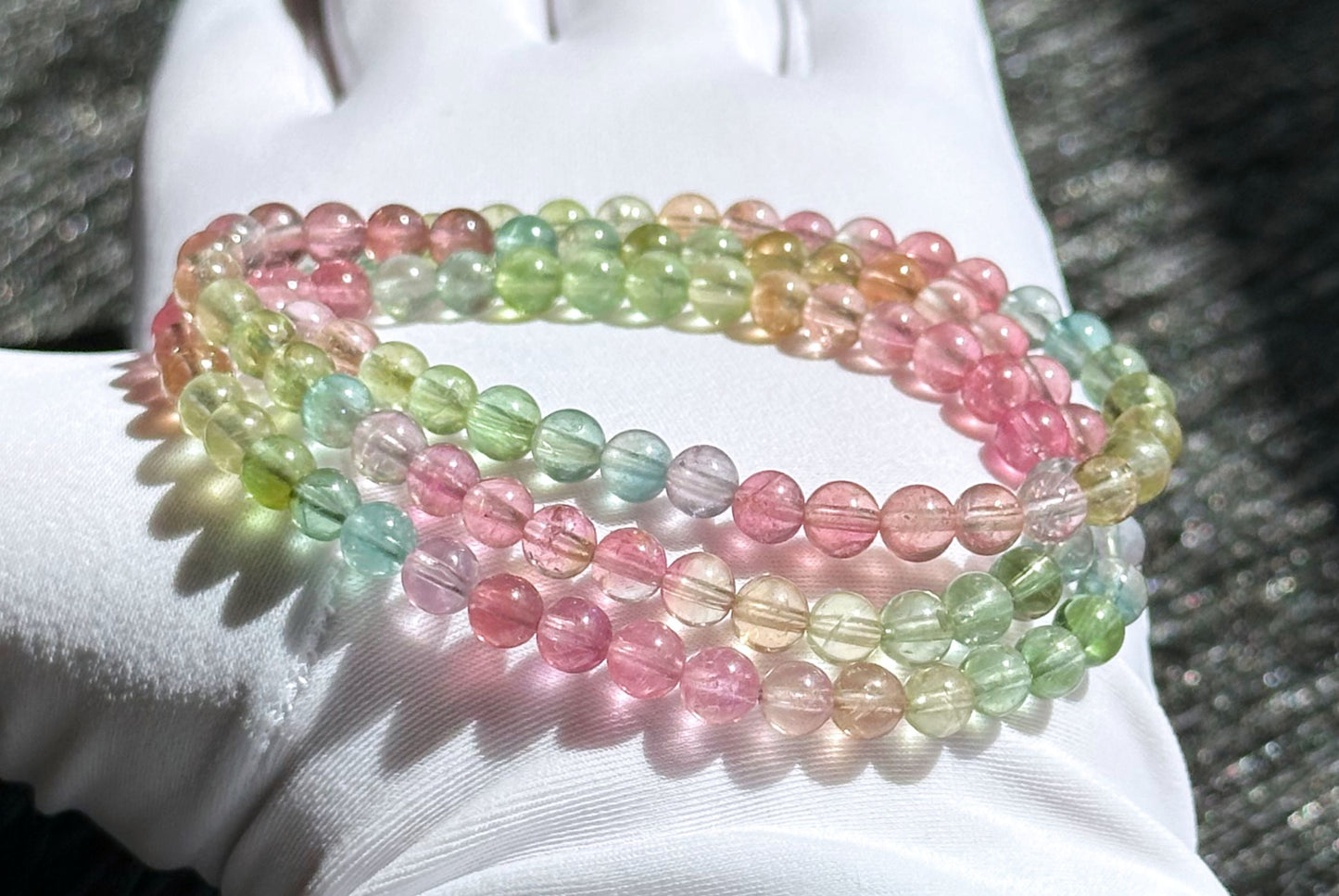 5mm+, Certified Natural Macaron High Clarity Three Wraps Tourmaline Bracelet, High Grade Rainbow Tourmaline Bracelet, 天然仙女马卡龙色玻璃体碧玺手串
