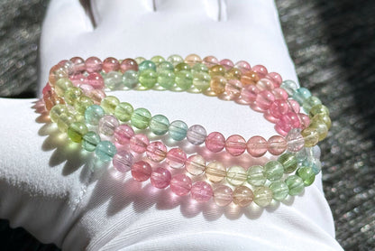 5mm+, Certified Natural Macaron High Clarity Three Wraps Tourmaline Bracelet, High Grade Rainbow Tourmaline Bracelet, 天然仙女马卡龙色玻璃体碧玺手串