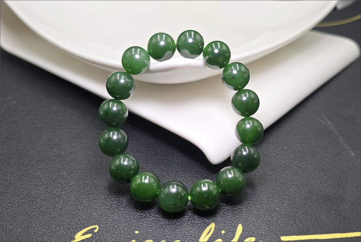 12mm, Certified Natural Rich Spinach Green Nephrite Jade Bead Bracelet, 天然俄老油菠菜绿碧玉手串