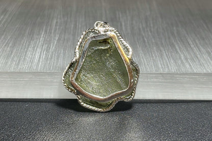 12.27Grams, Authentic Raw Moldavite tektite Silver Warpped Pendant, Real Raw Moldavite Pendant, 天然稀有捷克陨石原石手工包纯银吊坠