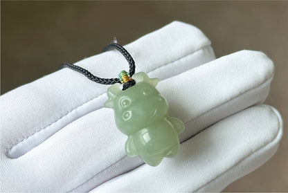 Certified Natural Lake-Green Nephrite Jade Ox Pendant | Small Carved Jade Pendant | 天然湖水绿软玉小牛吊坠