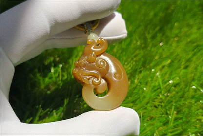 Certified Natural Qiemo Sugar and Warm White Nephrite Jade Hand Carved Antique Dragon Pendant, 天然且末糖白和田玉手工雕刻仿古龙精品吊坠