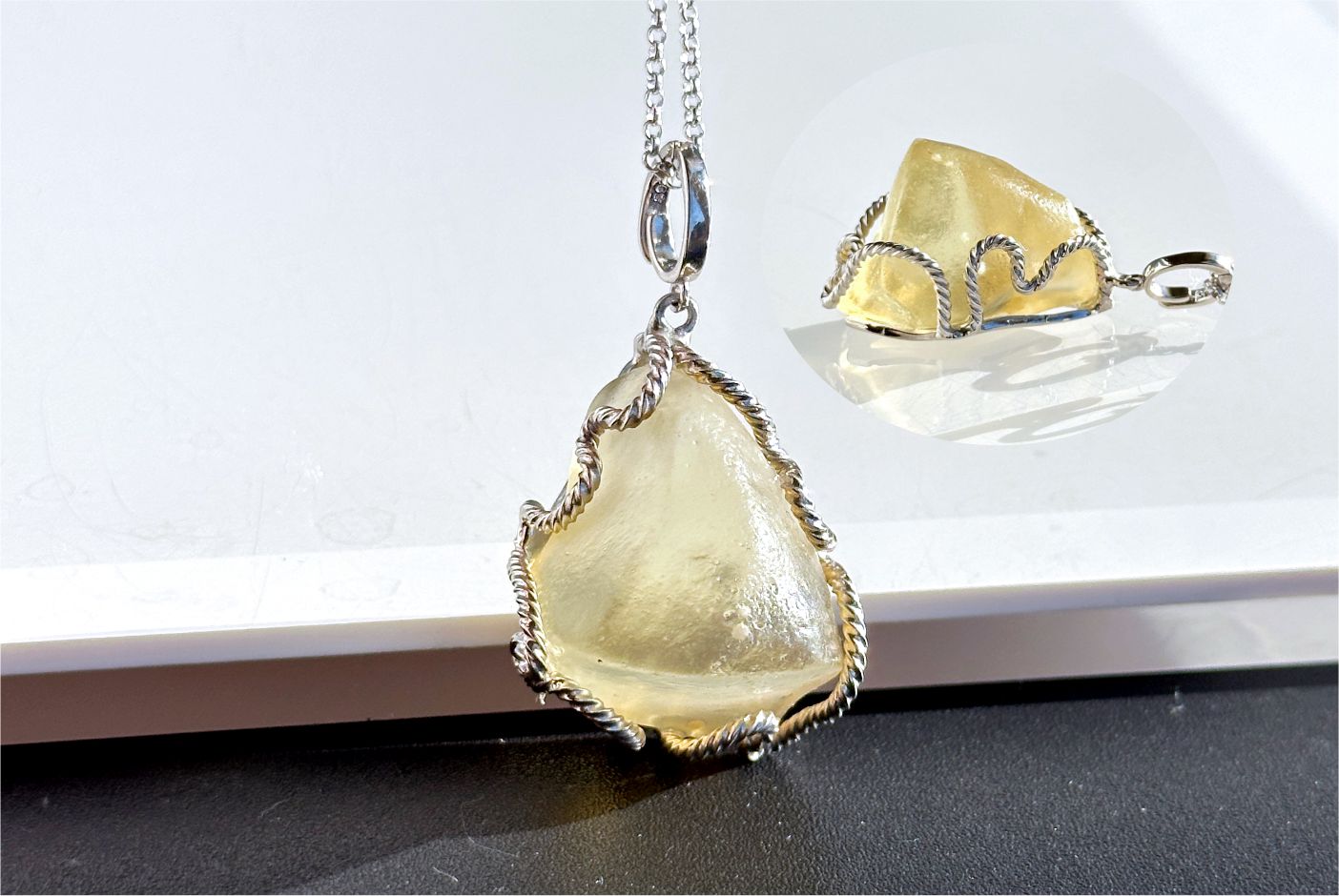 14.526Grams, Natural Authentic Libyan Desert Glass Tektite Silver Wrapped Pendant, Raw Libyan Desert Glass Pendant, 天然利比亚黄金陨石原石吊坠