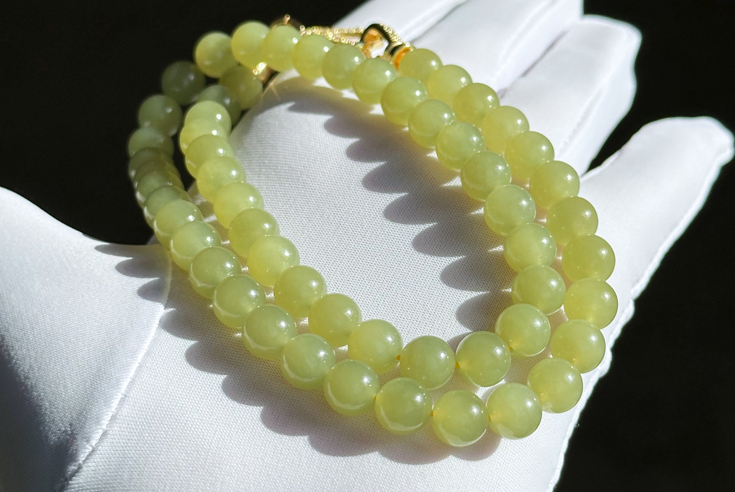 8mm, Certified Natural High Quality Greenish-Yellow Nephrite Jade Bead Necklace, 天然高品质青黄口和田玉项链