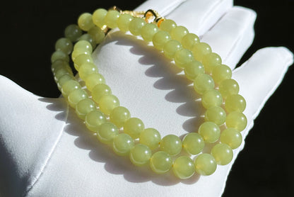8mm, Certified Natural High Quality Greenish-Yellow Nephrite Jade Bead Necklace, 天然高品质青黄口和田玉项链