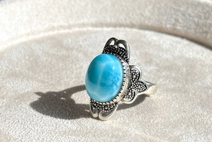 Natural Dominican High Quality Blue Larimar Silver Ring, Natural Larimar Ring, Silver Blue Larimar Ring, 天然高品质海纹石纯银戒指