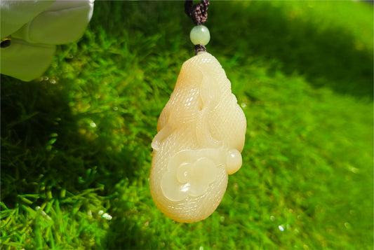Certified Natural Ruoqiang yellow nephrite jade hand-carved dragon pendant, 天然若羌黄口和田玉手工雕刻龙吊住