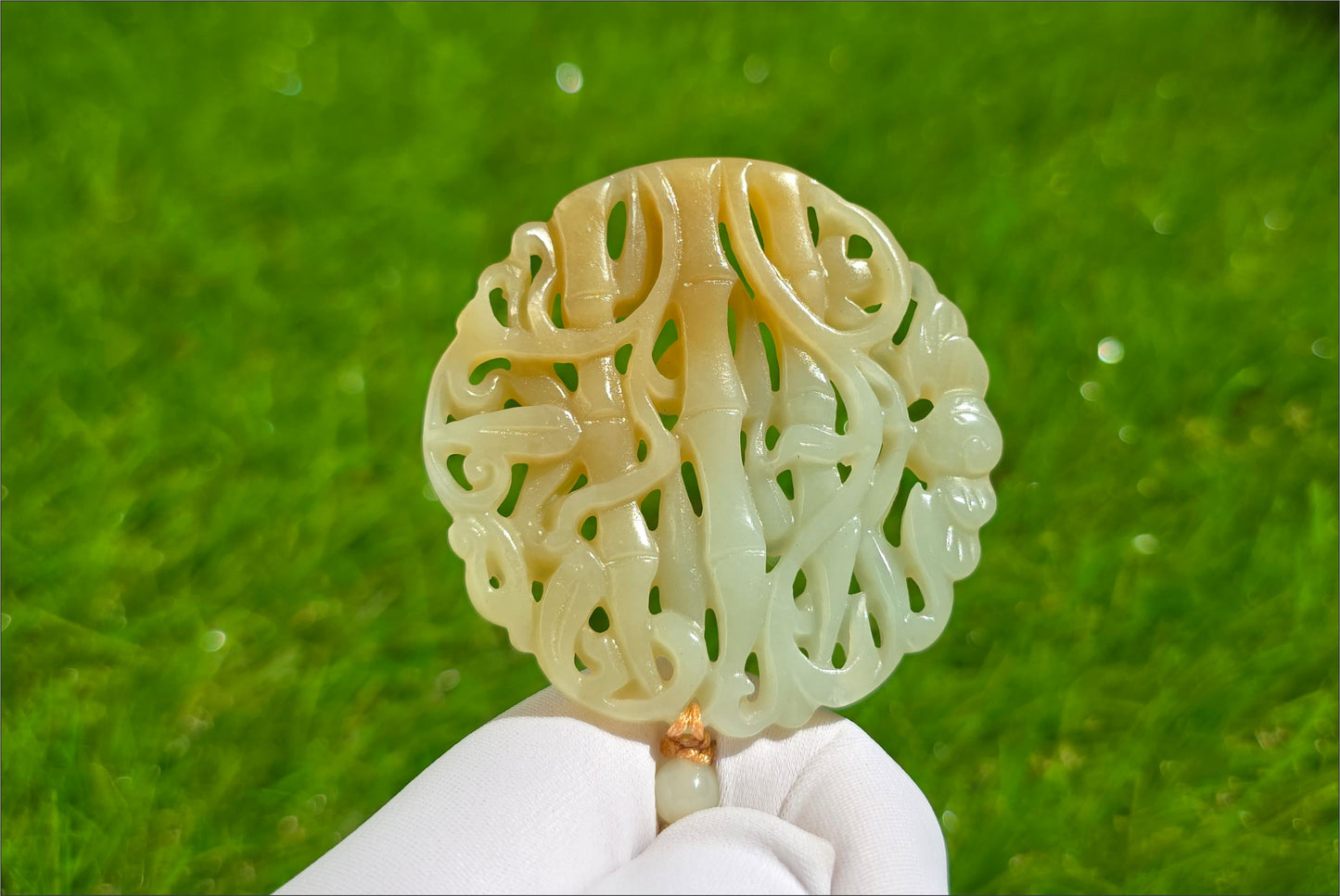 Certified Natural Qiemo Sugar-White Nephrite Jade Carved Bamboo Pendant, 天然且末糖白雕刻竹节圆牌吊坠