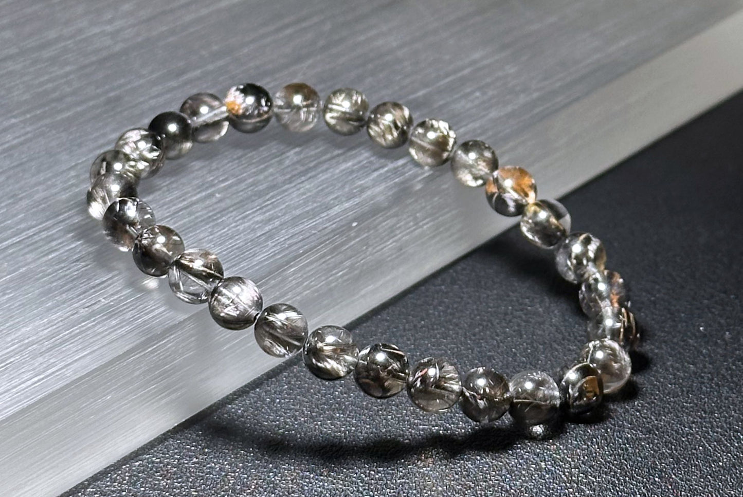 6.5mm+, Certified Rare Natural Top Grade Black Brookite Rutilated quartz Beads Bracelet, Silver Brookite in quartz bracelet, 收藏级黑银钛晶手串