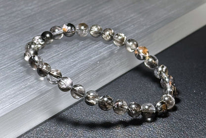 6.5mm+, Certified Rare Natural Top Grade Black Brookite Rutilated quartz Beads Bracelet, Silver Brookite in quartz bracelet, 收藏级黑银钛晶手串