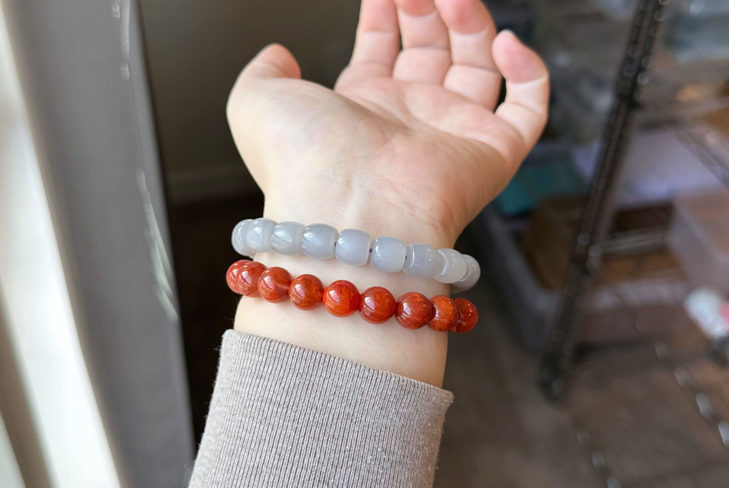 10mm, Certified Natural High Quality Smoky Purple Nephrite Jade and Nanhong Agate Beads Bracelet, 天然烟紫和田玉配南红手串