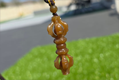 Certified Natural High Quality Sugar Brown Nephrite Jade Hand Carved Vajra Pestle Pendant, 天然且末糖玉手工雕刻降魔杵吊坠
