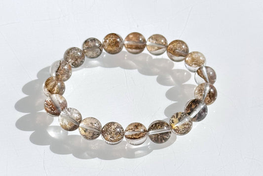 10.5mm+, Certified Natural Cypress Tree Scenic Pyrolusite and Hematoid in Quartz bracelet, ”Small Money Tree“,天然玻璃体发财树/小树胶花/軟錳礦膠花水晶手串