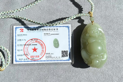 Big 73Grams, Certified Natural Untreated Warm White Nephrite Jade Hand-Carved Maitreya Buddha Pendant, 天然且末和田玉手工雕刻弥勒佛