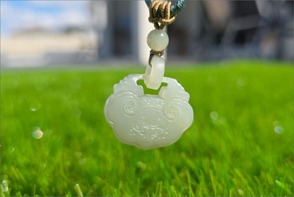 Certified Natural Qiemo Warm White Nephrite Jade Carved Peace Lock Pendant, Ping An Lock Jade, 天然且末暖白和田玉平安锁吊坠
